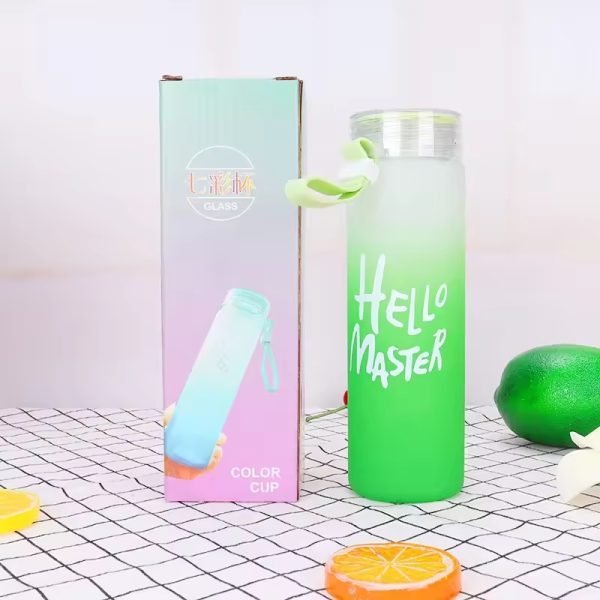 Frosted Glass Water Bottle With Hello Master Decal Logo (Random Color)