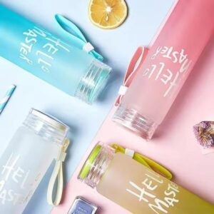 Frosted Glass Water Bottle With Hello Master Decal Logo (Random Color)