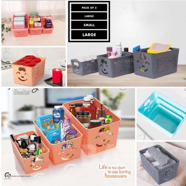 Smile Basket Without Cap Pack Off 3 | Storage Organizer Basket | Multipurpose Baskets For Kitchen, Home, Office & Bathroom (random Color)