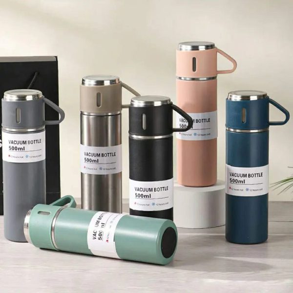 stainless-steel-vacuum-flask-set-500ml-with-2cups-random-color - 4 Stainless Steel Vacuum Flask Set, 500ml With 2cups (Random Color)