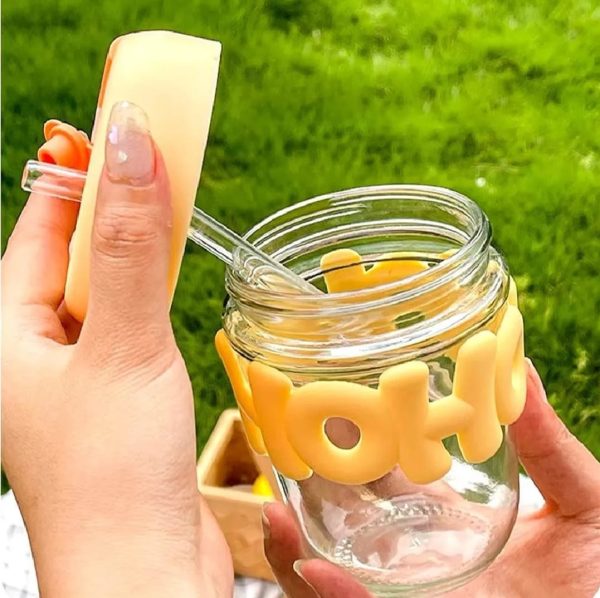 350ml Cute Glass Straw Cup – Portable Insulated Water Bottle with Lid & Chain Handle for Girls, Summer Travel Drinkware
