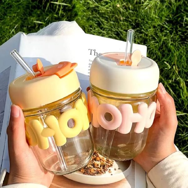 cute 350ml glass straw cup with lid insulated portable water tumbler with chain handle for girls summer drinkware