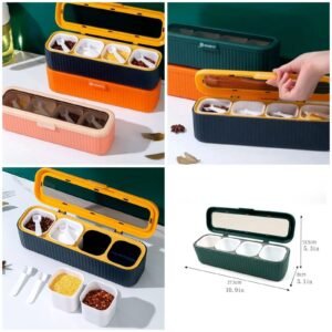 4-Compartment Spice Storage Box with Lid & Spoons Kitchen Seasoning Organizer